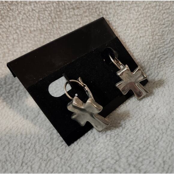 Silver Chunky Cross Hugger Dangle Earrings Block Style Christian - Picture 5 of 8